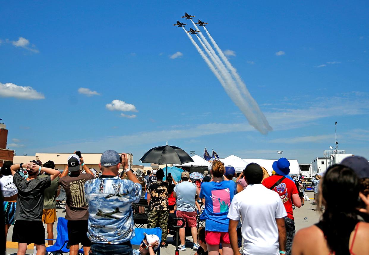 The U.S Navy Blue Angels fly over the crowd during a performance at the 2023 Tinker Airshow at the Tinker Air Force Base in Midwest City.