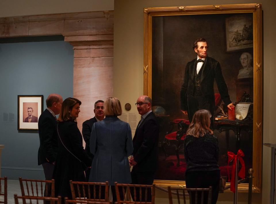 The life-size painting of President Abraham Lincoln by artist W.F.K. Travers created in 1865 is unveiled at the National Portrait Gallery in Washington, D.C. on Friday, February 10, 2023. The 9-foot-tall oil on canvas is one of three known, life-size paintings of the 16th president. The historic work comes to the National Portrait Gallery on long-term loan from the Hartley Dodge Foundation, whose founder, Geraldine Rockefeller Dodge, acquired the painting from her family in the 1930s.