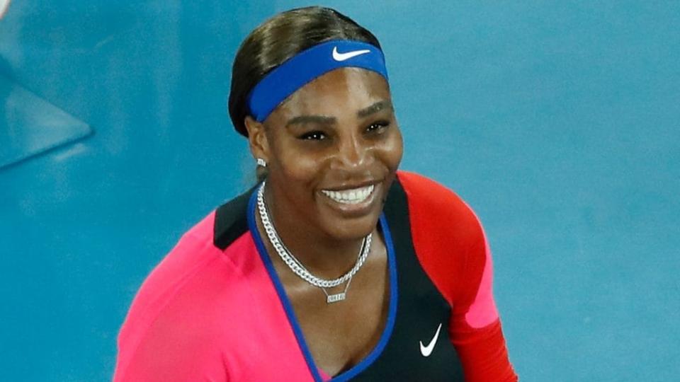 Serena Williams celebrates winning her Women’s Singles Quarterfinals match during the 2021 Australian Open at Melbourne Park in February. (Photo by Daniel Pockett/Getty Images)