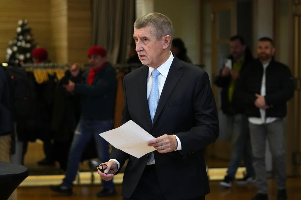 File - Former Czech Republic's Prime Minister and presidential candidate Andrej Babis arrives for a press conference in Pruhonice, Czech Republic, Monday, Jan. 9, 2023. Populist billionaire Andrej Babis is leading a field of eight candidates hoping to replace Milos Zeman as the first round of the presidential election is set for Jan. 13-14th, 2023. Retired army Gen. Petr Pavel, former chairman of NATO's military committee and former university rector Danuse Nerudova are the main challengers for Babis. (AP Photo/Petr David Josek, File)