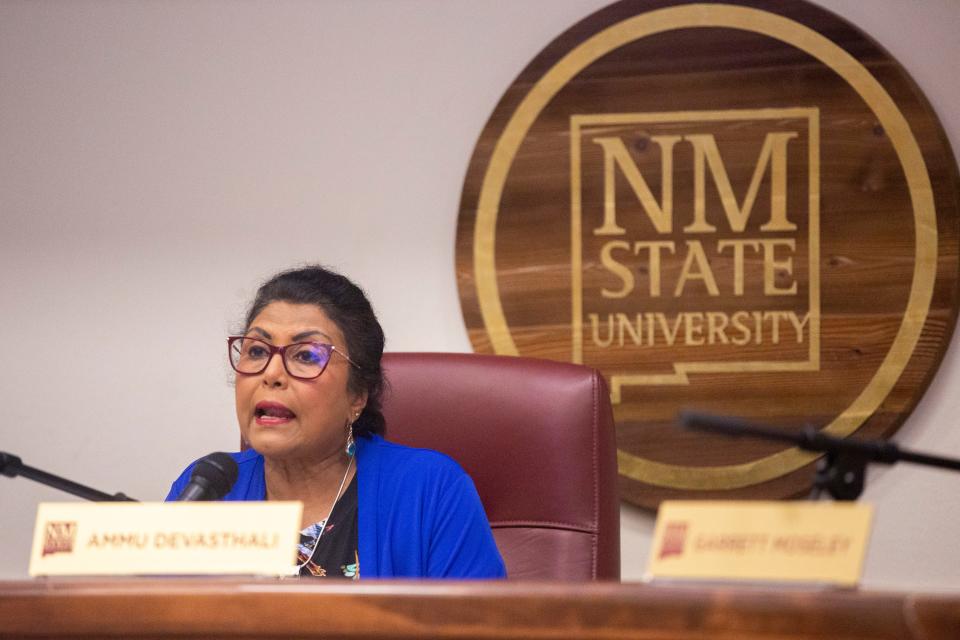 Chair Ammu Devasthali speaks during a NMSU Board of Regents meeting on Thursday, Sept. 7, 2023, at New Mexico State University.