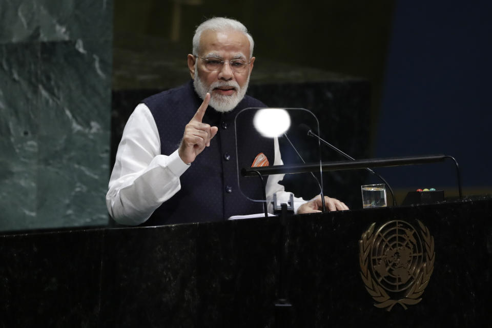 Indian Prime Minister Narendra Modi addresses the 74th session of the United Nations General Assembly, Friday, Sept. 27, 2019, at the United Nations headquarters. (AP Photo/Frank Franklin II)
