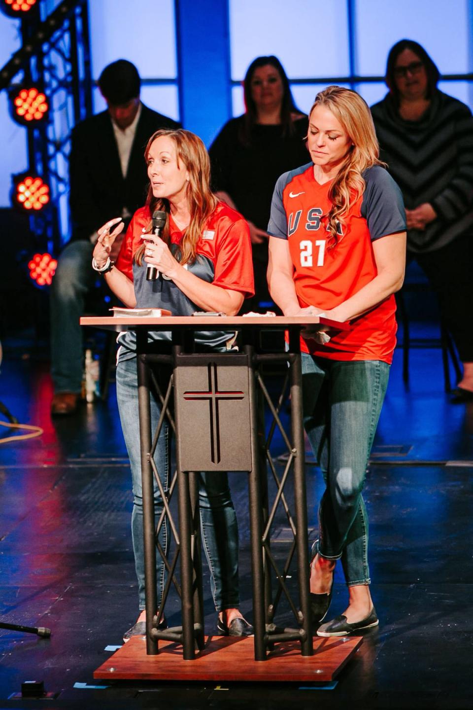 Two Olympic gold medalists in softball for Team USA spoke at Mia Stokes’ funeral on Feb. 14, 2020. They were Leah O’Brien-Amico (left) and Jennie Finch, who each knew the Stokes family due to summer softball camps Mia and Mallory Stokes had attended.
