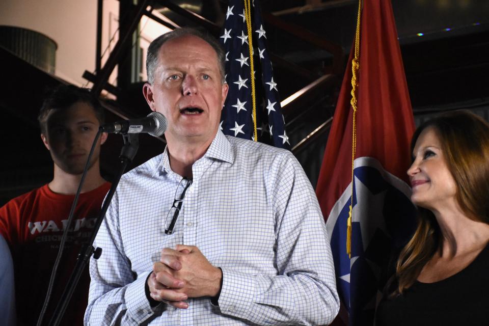 Senate Majority Leader Jack Johnson gives a speech alongside his family following his win over conservative activist Gary Humble in the primary election on Thursday, Aug. 4, 2022.