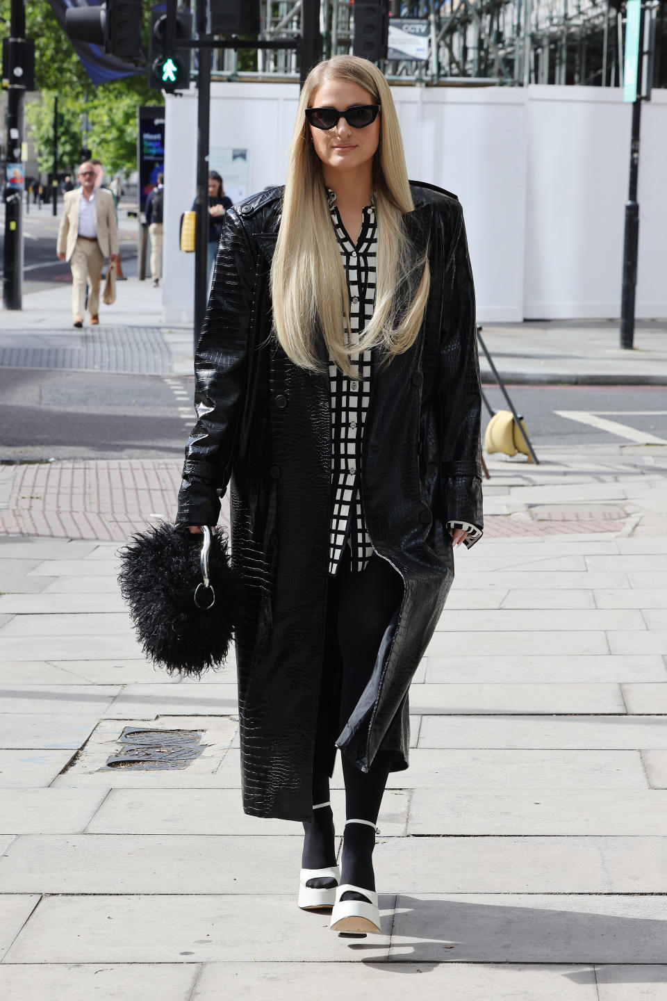 Meghan Trainor, platforms, sandal heel, white and black, London