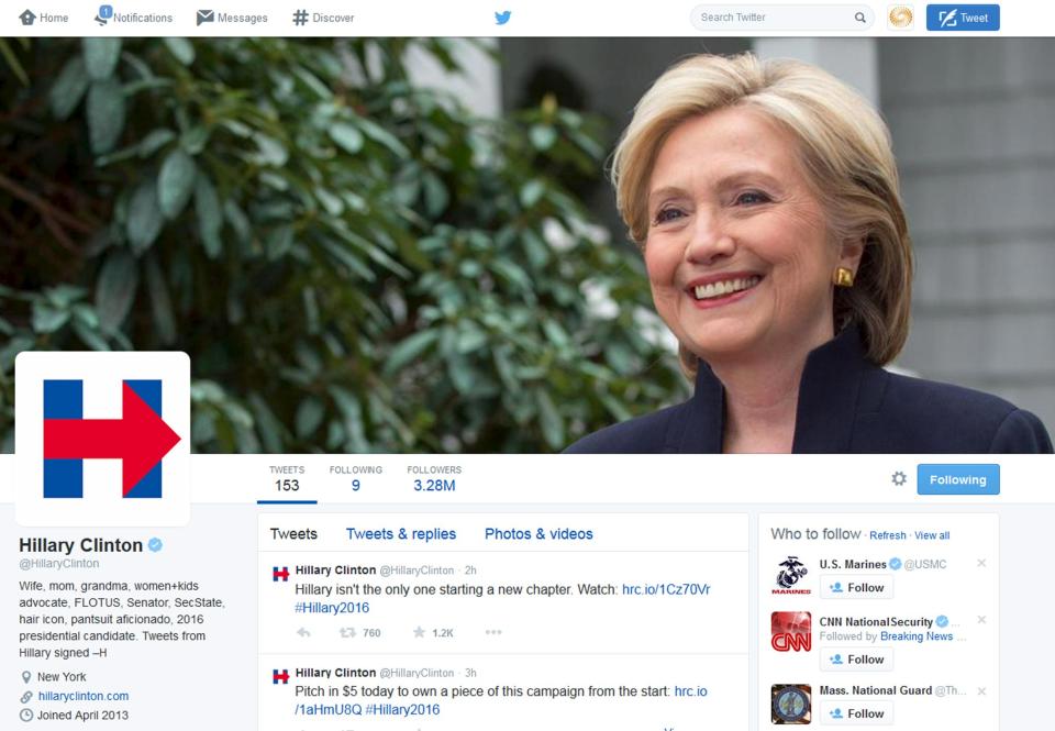 El nuevo logo en la página de Twitter de Clinton. REUTERS/Twitter.com/hillaryclinton/Handout via Reuters 