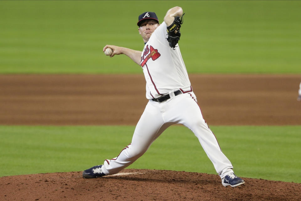 Atlanta Braves' Mark Melancon delivers a pitch during the ninth inning in Game 2 of a baseball National League Division Series against the Miami Marlins Wednesday, Oct. 7, 2020, in Houston. The Braves won 2-0.(AP Photo/Michael Wyke)