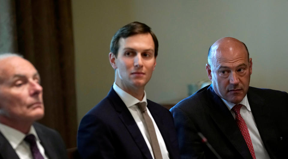 White House Chief of Staff John Kelly, left, senior adviser Jared Kushner and economic adviser Gary Cohn at a White House meeting on Sept. 7. (Photo: Kevin Lamarque / Reuters)