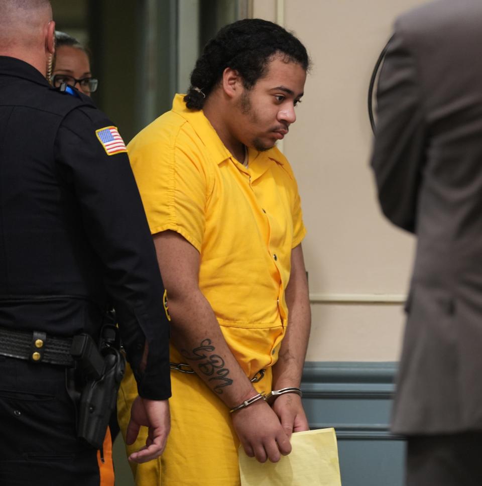 Newton, NJ August 4, 2023 -- Hannan Aiken enters the courtroom to be sentenced for the 2020 murder of US Army Corporal Hayden Harris. The sentencing took place in the Sussex County Superior Court in Newton.