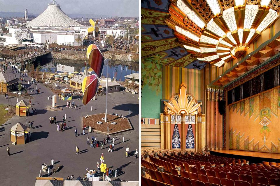 <p>From left: Courtesy of Spokane Public Library; Courtesy of The Fox Theatre </p> From left: The grounds of the 1974 World’s Fair in Spokane; inside the city’s Fox Theatre.