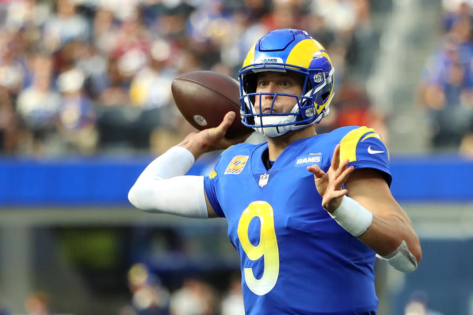 INGLEWOOD, CALIFORNIA - OCTOBER 03: Matthew Stafford #9 of the Los Angeles Rams looks to throw the ball during the fourth quarter against the Arizona Cardinals at SoFi Stadium on October 03, 2021 in Inglewood, California. (Photo by Katelyn Mulcahy/Getty Images)