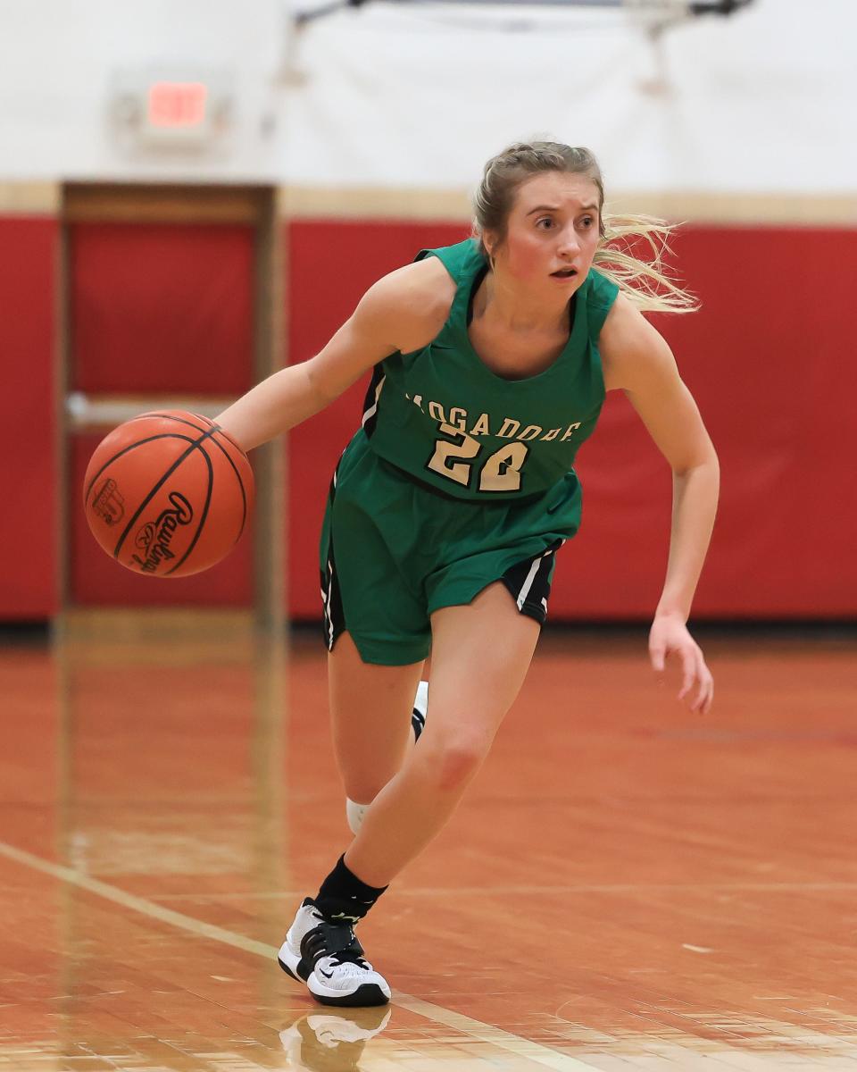 Mogadore sophomore Brooklyn McIntyre drives downcourt with the ball during a game at Crestwood High School.