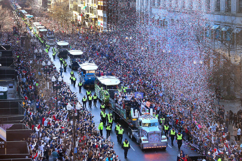 The New England Patriots celebrate their Super Bowl LIII victory with a parade in Boston on Tuesday. (Getty Images)