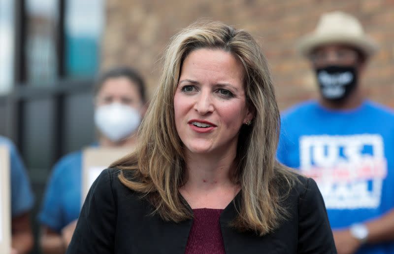 FILE PHOTO: Michigan Secretary of State Jocelyn Benson speaks in support of the United States Postal Service (USPS) outside of a post office in Detroit