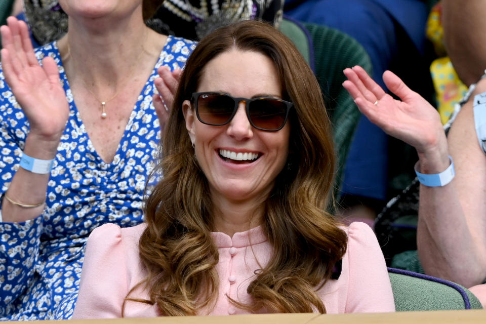 LONDON, ENGLAND - JULY 11: HRH Catherine, Duchess of Cambridge attends Wimbledon Championships Tennis Tournament at All England Lawn Tennis and Croquet Club on July 11, 2021 in London, England. (Photo by Karwai Tang/WireImage)