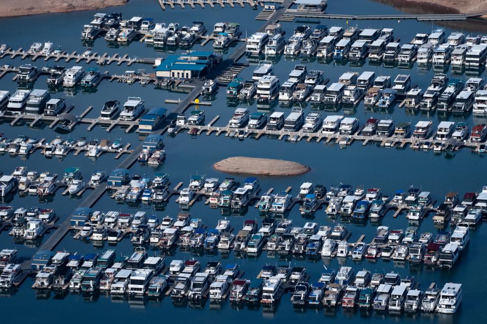 Lake Powell's Wahweap Marina as seen on Feb. 3, 2022, near Page.