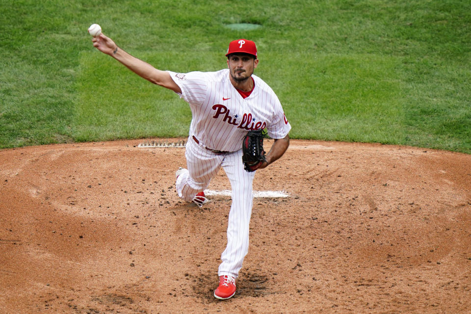 Philadelphia Phillies' Zach Eflin pitches during the third inning of a baseball game against the Atlanta Braves, Saturday, Aug. 29, 2020, in Philadelphia. (AP Photo/Matt Slocum)