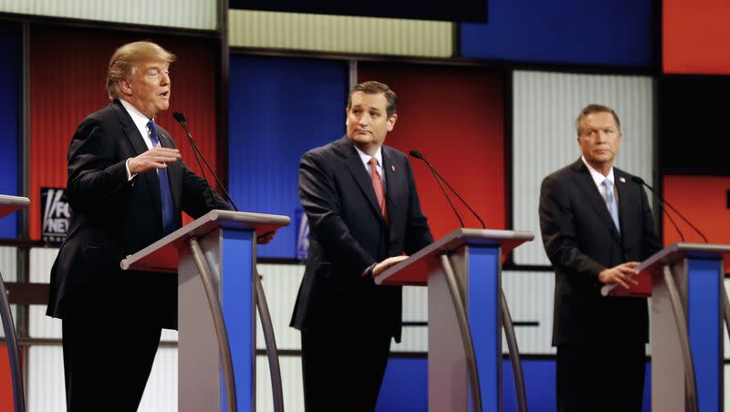 In this March 3, 2016 file photo, Republican presidential candidates, businessman Donald Trump, Sen. Ted Cruz, R-Texas, and Ohio Gov. John Kasich appear during a Republican presidential primary debate at the Fox Theatre in Detroit. Michigan Republicans meet Saturday, April 9, in Lansing for their annual convention with one of the main agenda items the choosing of delegates to the party’s presidential convention in July in Cleveland. (AP Photo/Paul Sancya)