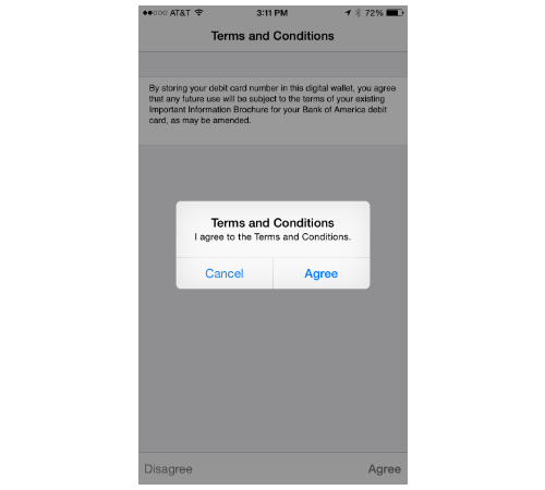 Terms and Conditions screen for Apple Pay