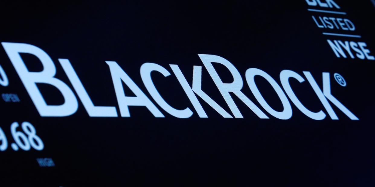 The company logo and trading information for BlackRock is displayed on a screen on the floor of the New York Stock Exchange (NYSE) in New York, U.S., March 30, 2017.