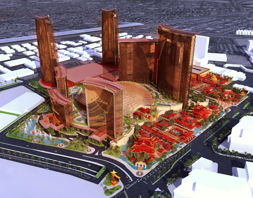 FILE - This undated file artists rendering provided by Steelman Partners shows plans for the development of a new hotel and casino complex on the site of the stalled Echelon project in Las Vegas. In a Wednesday, May 7, 2014 licensing hearing before gambling regulators, Malaysian conglomerate Genting Group unveiled new details about its planned Resorts World development at the less-trafficked north end of the Strip. (AP Photo/Steelman Partners, File)