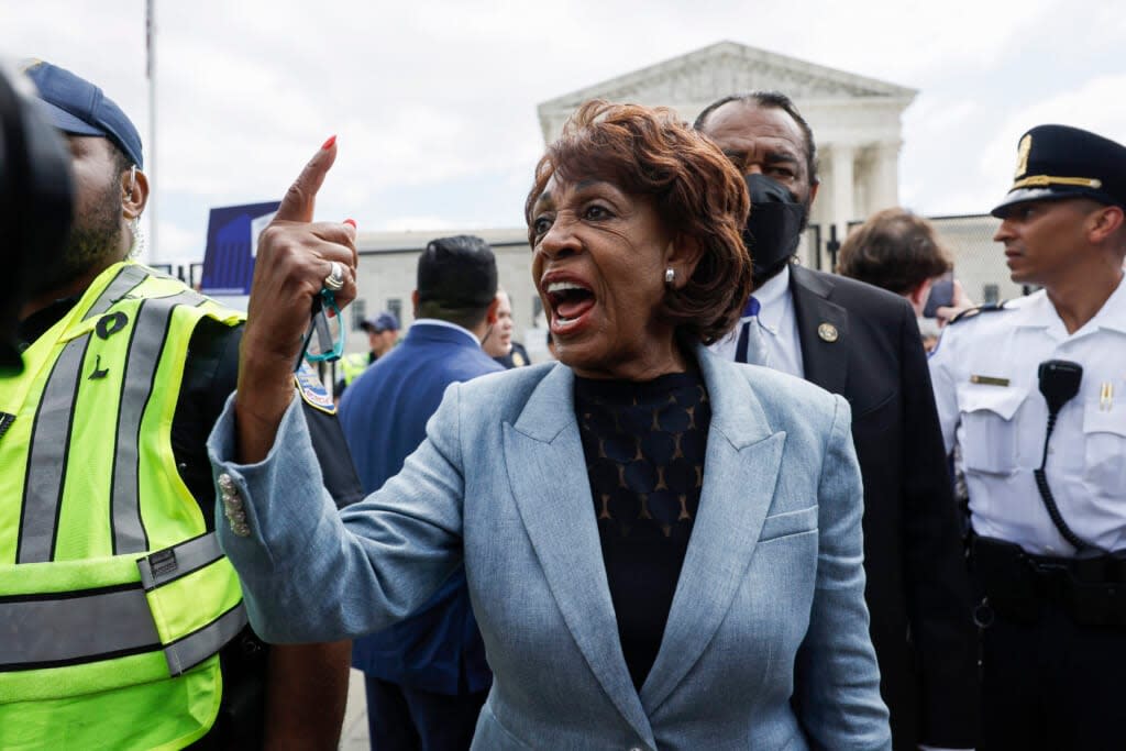 Rep. Maxine Waters (D-CA) speaks to Abortion-rights activists after the announcement to the Dobbs v Jackson Women’s Health Organization ruling in front of the U.S. Supreme Court on June 24, 2022 in Washington, DC. (Photo by Anna Moneymaker/Getty Images)