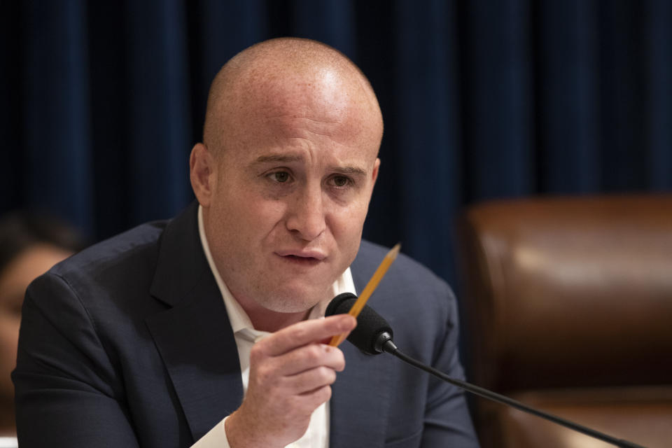 FILE - This Sept. 18, 2019 file photo shows House Subcommittee on Intelligence and Counterterrorism Co-Chairman Rep. Max Rose, D-N.Y. during a hearing on "meeting the challenge of white nationalist terrorism at home and abroad" on Capitol Hill in Washington. Voters will decide whether to reward or punish incumbents for their choices. And while Republicans and Democrats acknowledge that other issues like the economy and health care costs could overwhelm impeachment by next November, both sides, but especially the GOP , are already using the bitter impeachment fight as weapons. (AP Photo/Manuel Balce Ceneta, File)