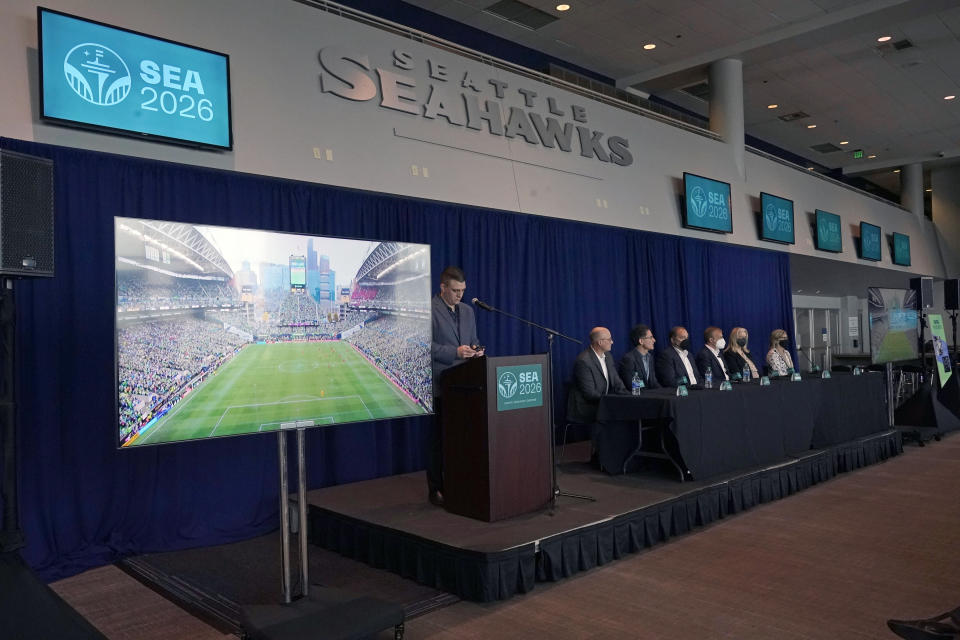 A video image of the soccer pitch at Lumen Field, which is also home of the NFL football Seattle Seahawks, is displayed Monday, Nov. 1, 2021, in Seattle during a news conference to discuss the official visit of a FIFA delegation to the venue as organizers try to be selected as a host city for the FIFA World Cup in 2026. (AP Photo/Ted S. Warren)