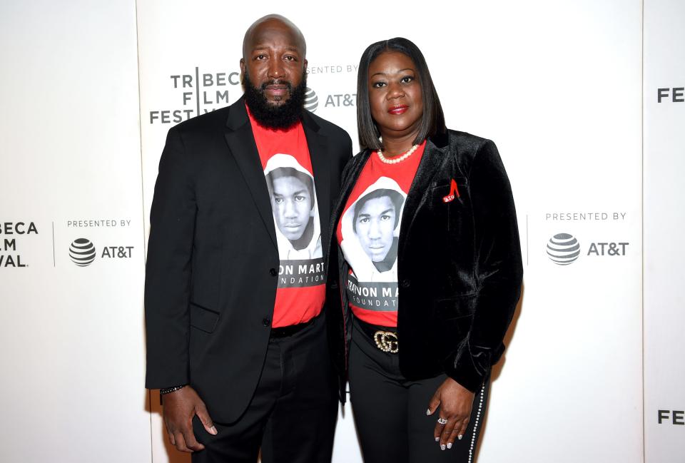 In this Friday, April 20, 2018, file photo, Trayvon Martin's parents, Tracy Martin, left, and Sybrina Fulton, attend the Tribeca TV screening of "Rest in Power: The Trayvon Martin Story" at BMCC Tribeca PAC, during the 2018 Tribeca Film Festival in New York.