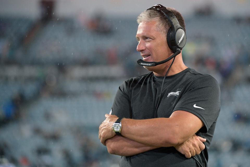 Eagles defensive coordinator Jim Schwartz watches from the sideline during the second half of a preseason game against the Jaguars, Aug. 15, 2019, in Jacksonville, Fla.