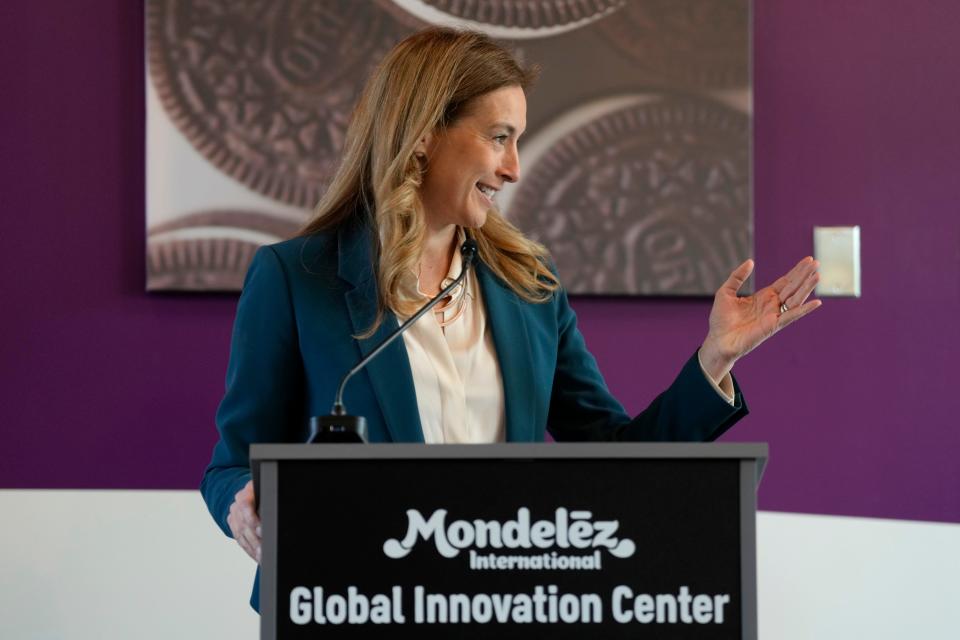 Rep. Mikie Sherrill speaks at Mondelēz International, in Whippany. Monday, May 1, 2023 