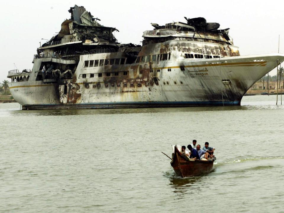 The 'Al Mansur,' Iraqi President Saddam Hussein's private yacht, lies at the dockside in central Basra April 10, 2003.