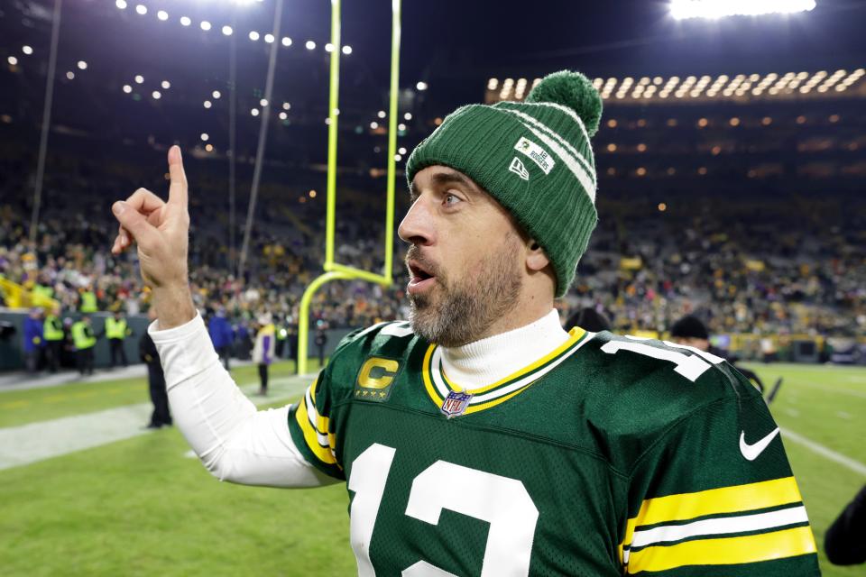 Green Bay Packers quarterback Aaron Rodgers walks off the field after a win over the Minnesota Vikings on Jan. 1 in Green Bay, Wis.