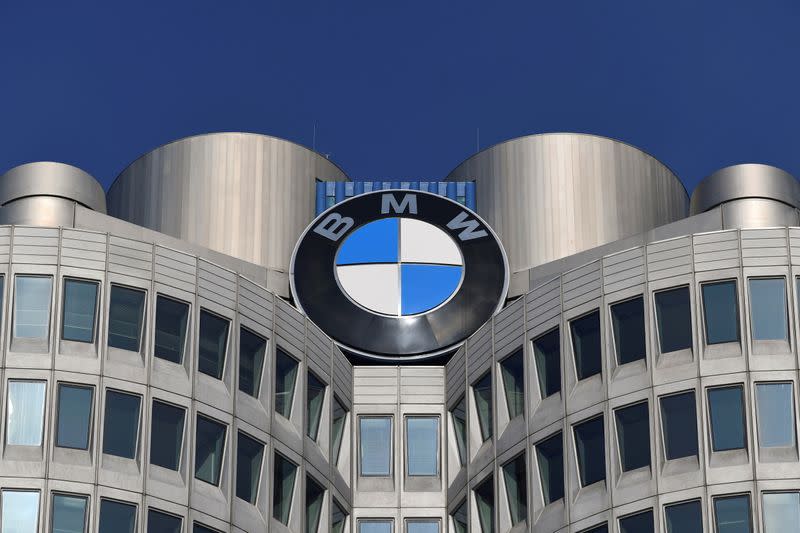 FILE PHOTO: The logo of German car manufacturer BMW is seen on the company headquarters in Munich