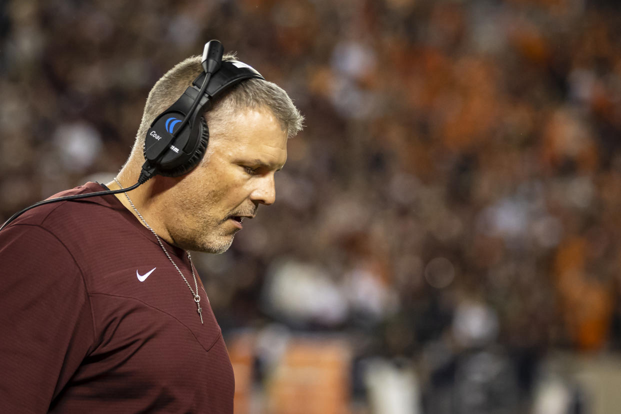 BLACKSBURG, VA - OCTOBER 09: Head coach Justin Fuente of the Virginia Tech Hokies looks on against the Notre Dame Fighting Irish during the second half of the game at Lane Stadium on October 9, 2021 in Blacksburg, Virginia. (Photo by Scott Taetsch/Getty Images)