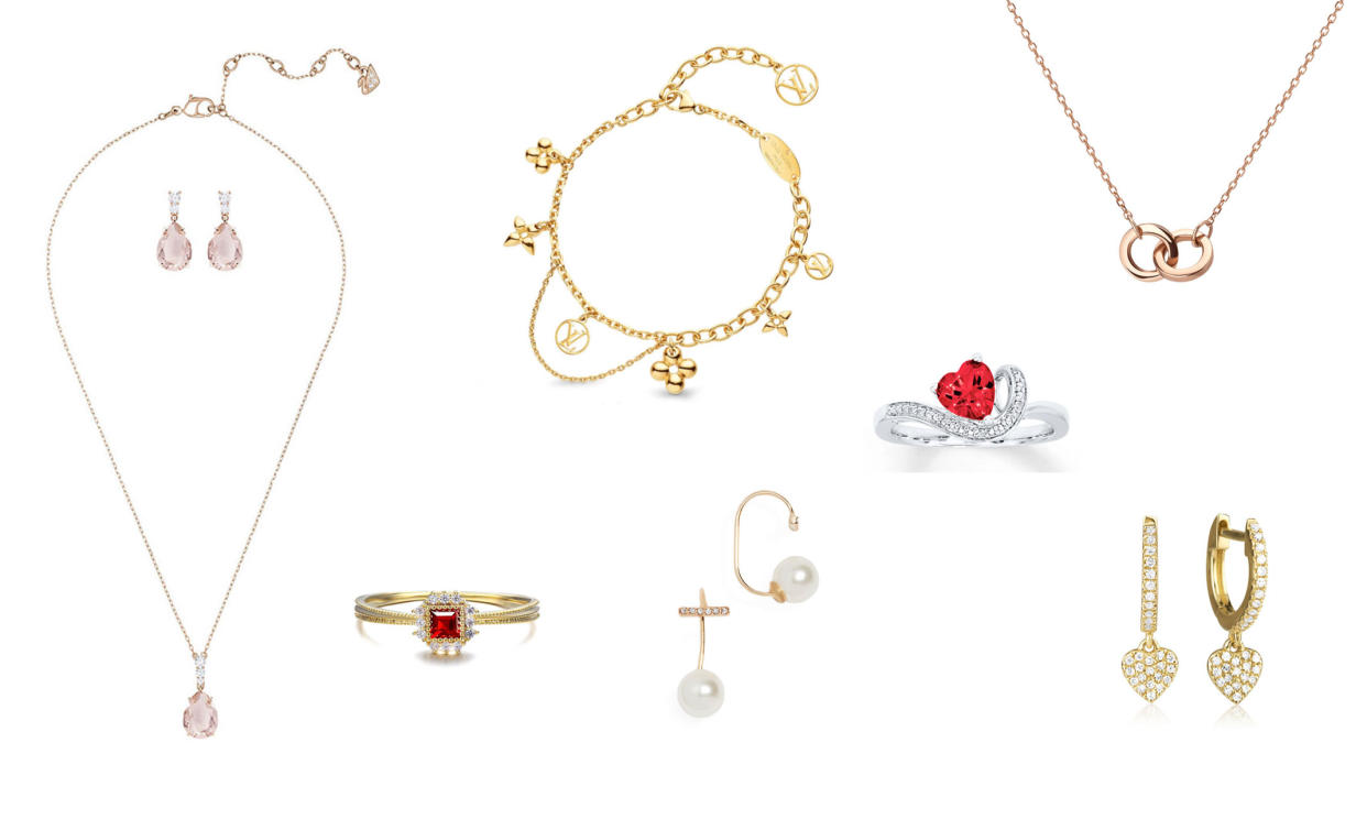 Give your loved one a gorgeous Valentine’s Day ring, necklace or set of earrings she’ll wear forever. From left, clockwise: Swarovski, Louis Vuitton, AUrate, Stone and Strand, Kay Jewelers, Rebecca Minkoff and Azura. (Photos: Swarovski/Louis Vuitton/AUrate/ Stone and Strand/Kay Jewelers/Shopbop/Azura/)