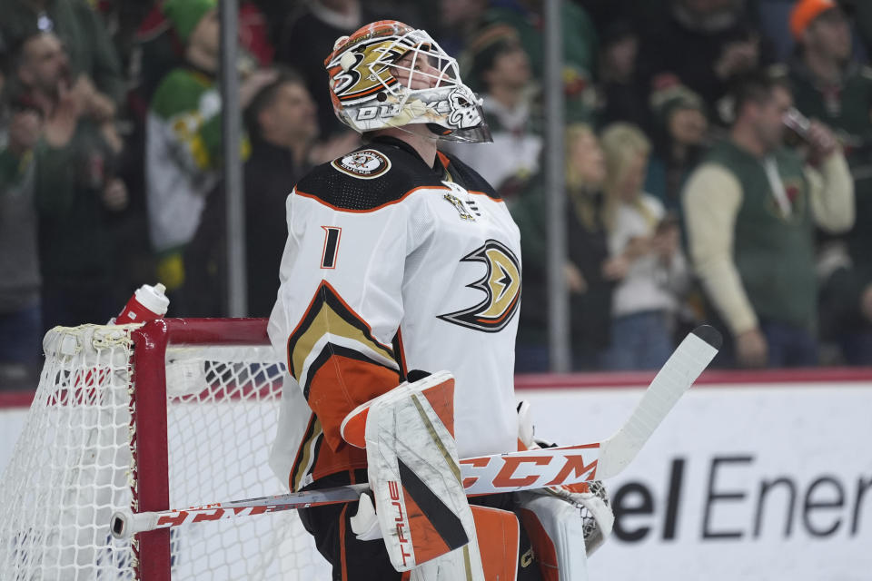 Anaheim Ducks goaltender Lukas Dostal (1) looks at the video board after a goal by Minnesota Wild left wing Kirill Kaprizov during the first period of an NHL hockey game Saturday, Jan. 27, 2024, in St. Paul, Minn. (AP Photo/Abbie Parr)