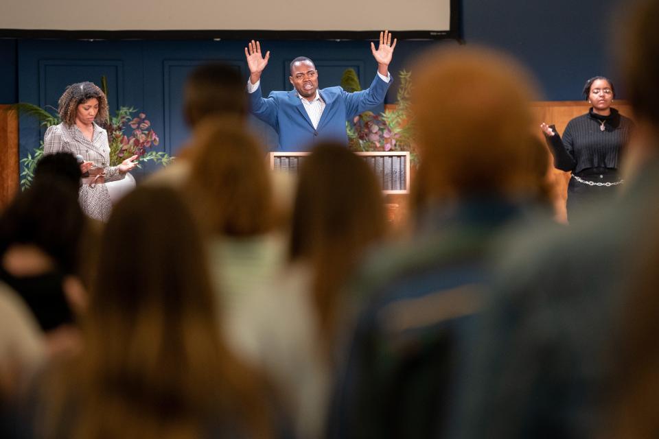 Rev. Dr. M.D. Edmondson, Lead Pastor, speaks at the conclusion of the service at Koinonia Church in Nashville, Tenn., Sunday, April 2, 2023.