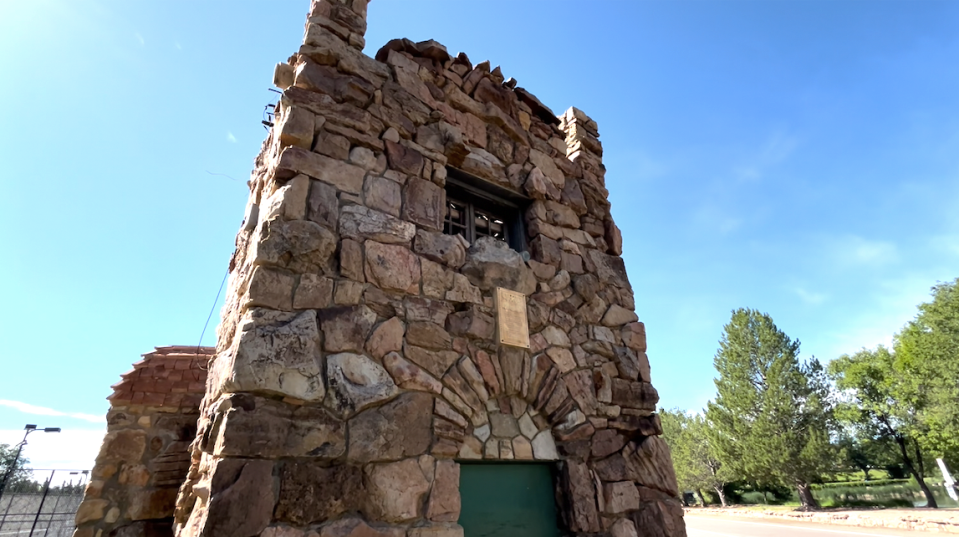 A tower near what used to be the softball grandstand at City Park. The tower, grandstand and tennis clubhouse were constructed from sandstone by Works Progress Administration laborers in the 1930s.