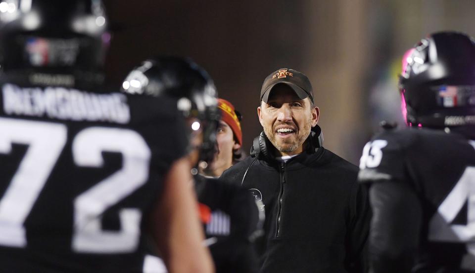 Iowa State coach Matt Campbell celebrates with his players after a fourth-quarter touchdown against Texas Tech on Saturday, one of the few times the offense had reason to smile.