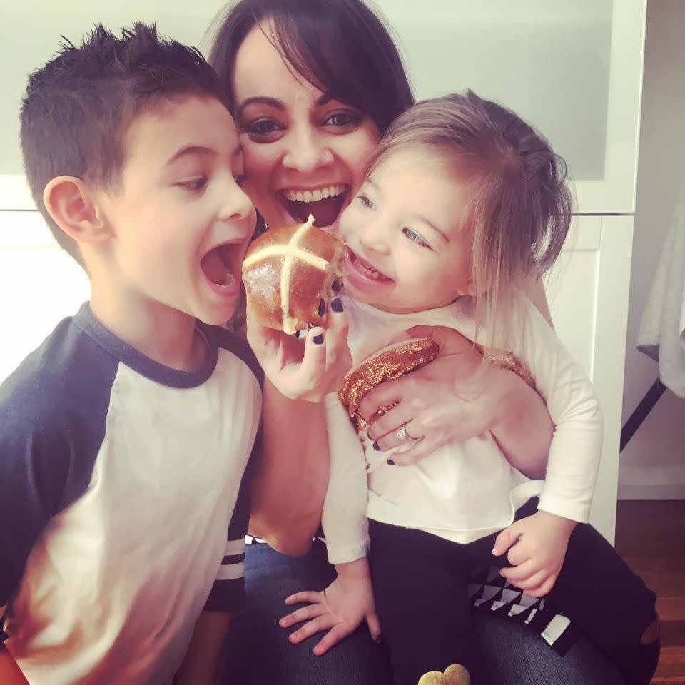 Cosima with her niece and nephew during Easter festivities last year. Source: Instagram/cosimadevito