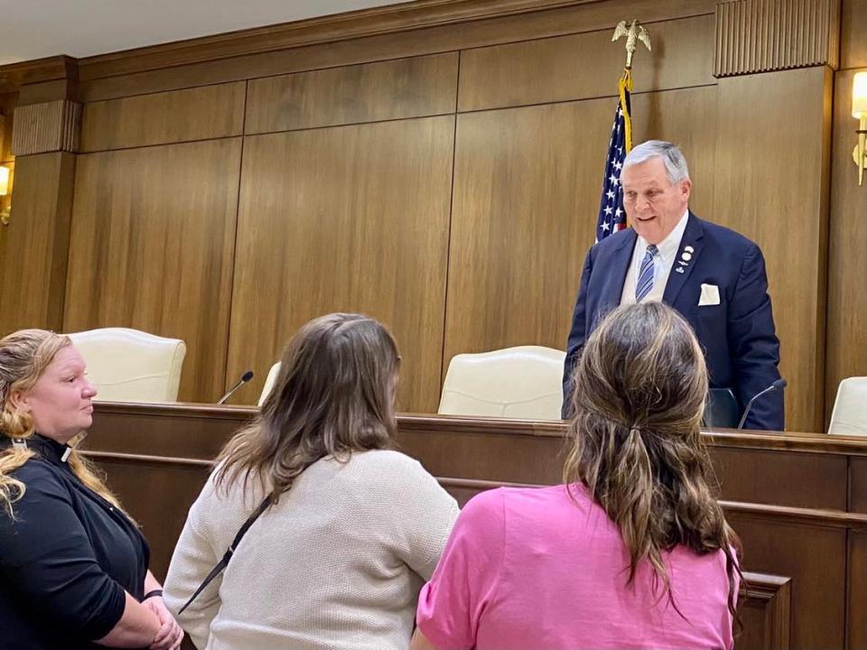 Rep. John Ragan, R-Oak Ridge, talks with members of the public after a meeting of Tennessee's Joint Working Group on Federal Education Funding at the Cordell Hull Legislative Office Building on Nov. 14, 2023.