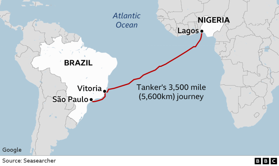 Map shows the 3,500 mile route from Nigeria to Brazil