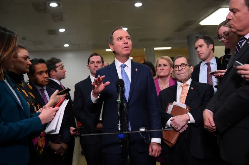 House managers Schiff and Nadler face reporters on fourth day of Trump impeachment trial on Capitol Hill in Washington