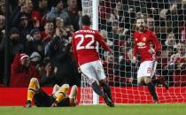 Britain Football Soccer - Manchester United v Hull City - EFL Cup Semi Final First Leg - Old Trafford - 10/1/17 Manchester United's Juan Mata celebrates scoring their first goal with Henrikh Mkhitaryan Action Images via Reuters / Jason Cairnduff Livepic