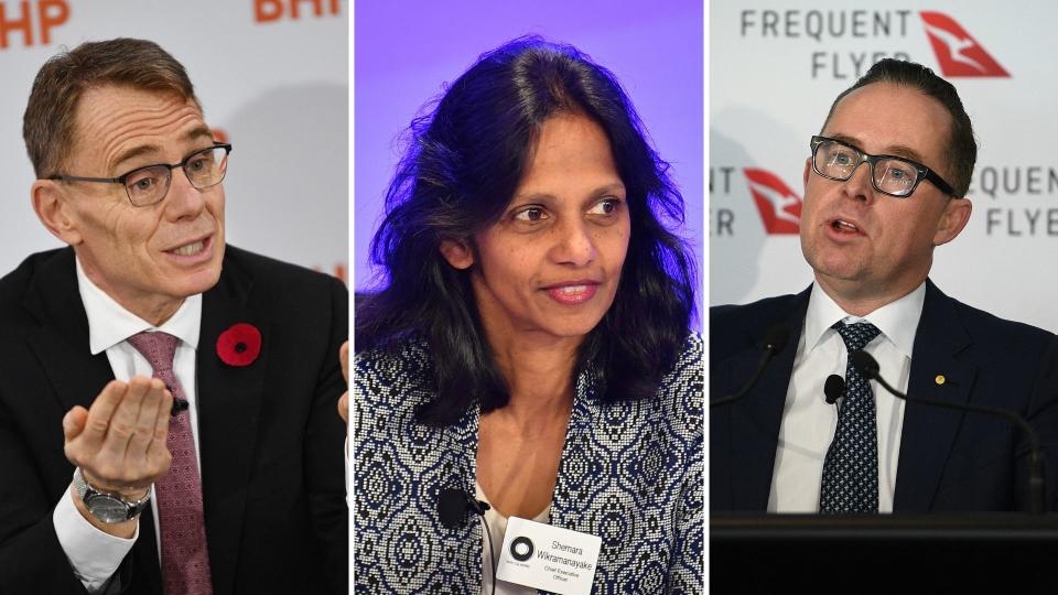 BHP CEO Andrew Mackenzie on far left, Macquarie's Shemara Wikramanayake in the middle and Qantas' Alan Joyce on the right.