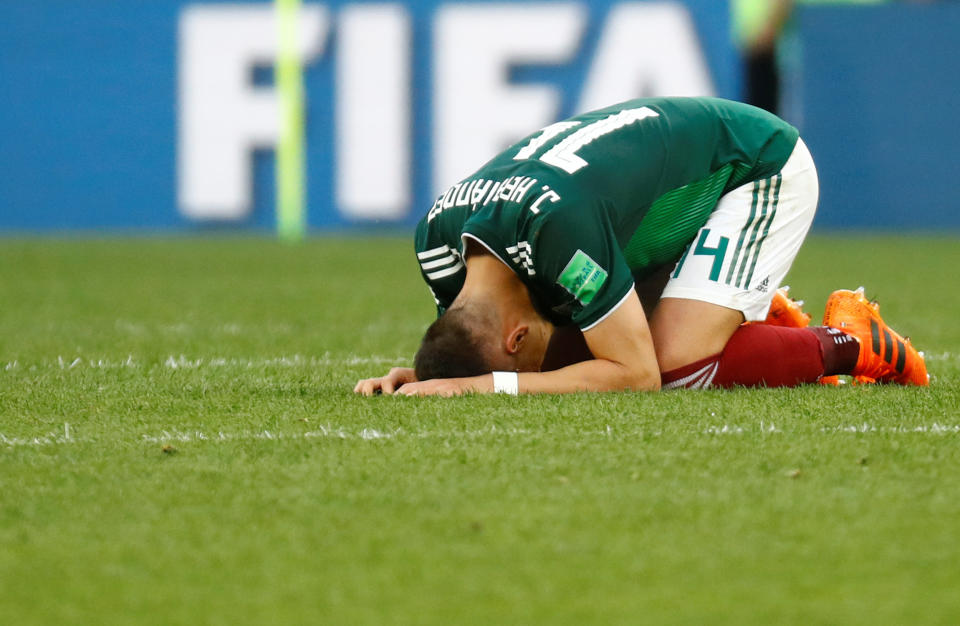 Mexico's Javier Hernandez celebrates after the match.