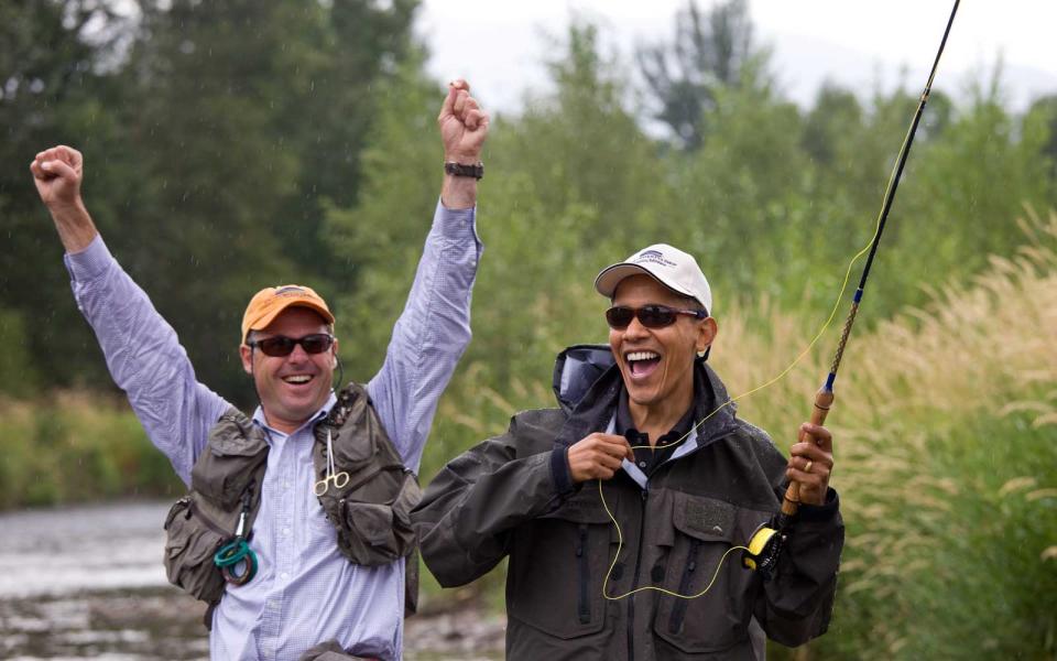 <p>Obama tries his hand at fly fishing.</p>