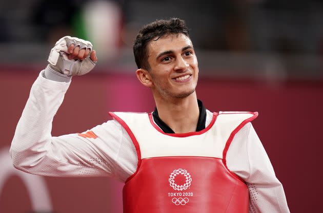 Italy's Vito Dell'Aquila celebrates victory against Tunisia's Mohamed Khalil Jendoubi to win the gold medal after their Men's Taekwondo 58kg Gold Medal contest at the Makuhari Messe on the first day of the Tokyo 2020 Olympic Games in Japan. Picture date: Saturday July 24, 2021. (Photo by Danny Lawson/PA Images via Getty Images) (Photo: Danny Lawson - PA Images via Getty Images)