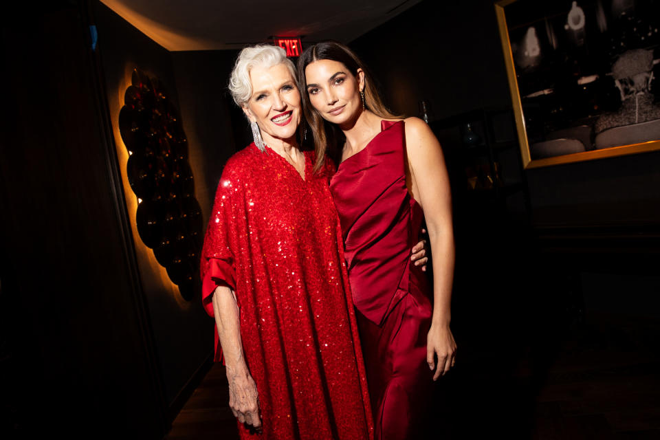 Maye Musk and Lily Aldridge at the Sports Illustrated Swim Issue Launch Party held at the Hard Rock Hotel on May 18, 2023 in New York, New York.
